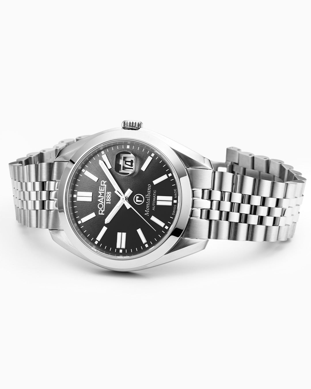 Montalbano Gents 41.5 mm Mechanical Three Hand Date Black Dial Silver Bracelet Sapphire glass Stainless Steel swiss watch