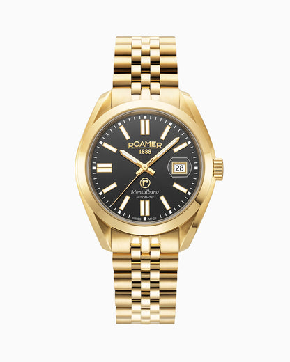 Montalbano Gents 41.5mm Automatic Three-Hand Date Black Sunray Dial Gold Bracelet Sapphire glass Stainless Steel swiss watch