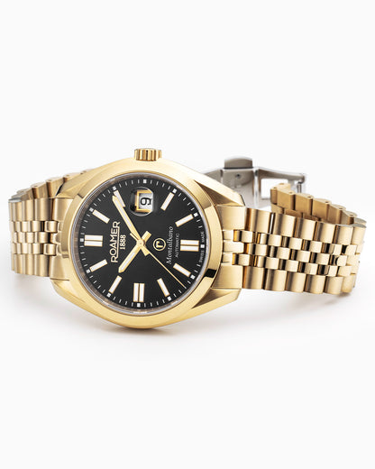 Montalbano Gents 41.5mm Automatic Three-Hand Date Black Sunray Dial Gold Bracelet Sapphire glass Stainless Steel swiss watch