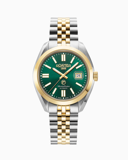 Montalbano Gents 41.5 mm Automatic Three-Hand Date Green Sunray Dial Two-Tone Bracelet Sapphire glass Stainless Steel swiss watch