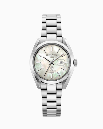 Montalbano Ladies 31mm Automatic Three-Hand Date White MOP Dial Silver Bracelet Sapphire glass Stainless Steel swiss watch