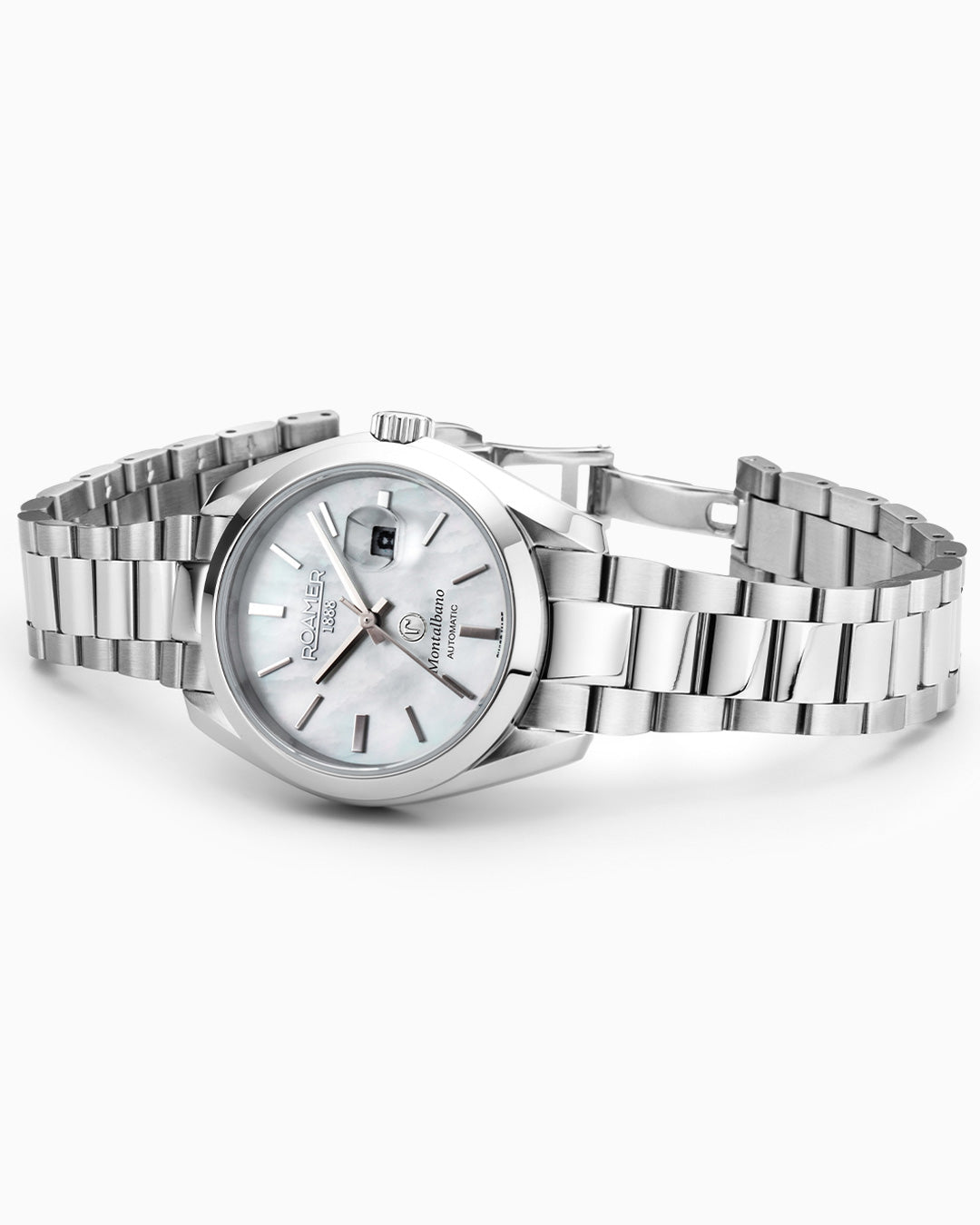 Montalbano Ladies 31mm Automatic Three-Hand Date White MOP Dial Silver Bracelet Sapphire glass Stainless Steel swiss watch