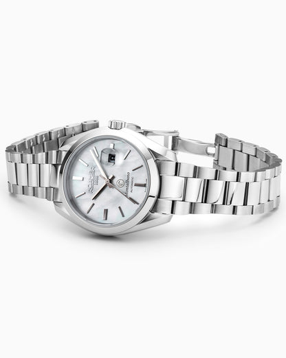 Montalbano Ladies 31mm Automatic Three-Hand Date White MOP Dial Silver Bracelet Sapphire glass Stainless Steel swiss watch