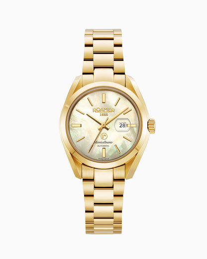 Montalbano Ladies 31mm Automatic Three-Hand Date Champagne Dial Gold Bracelet Sapphire glass Stainless Steel swiss watch