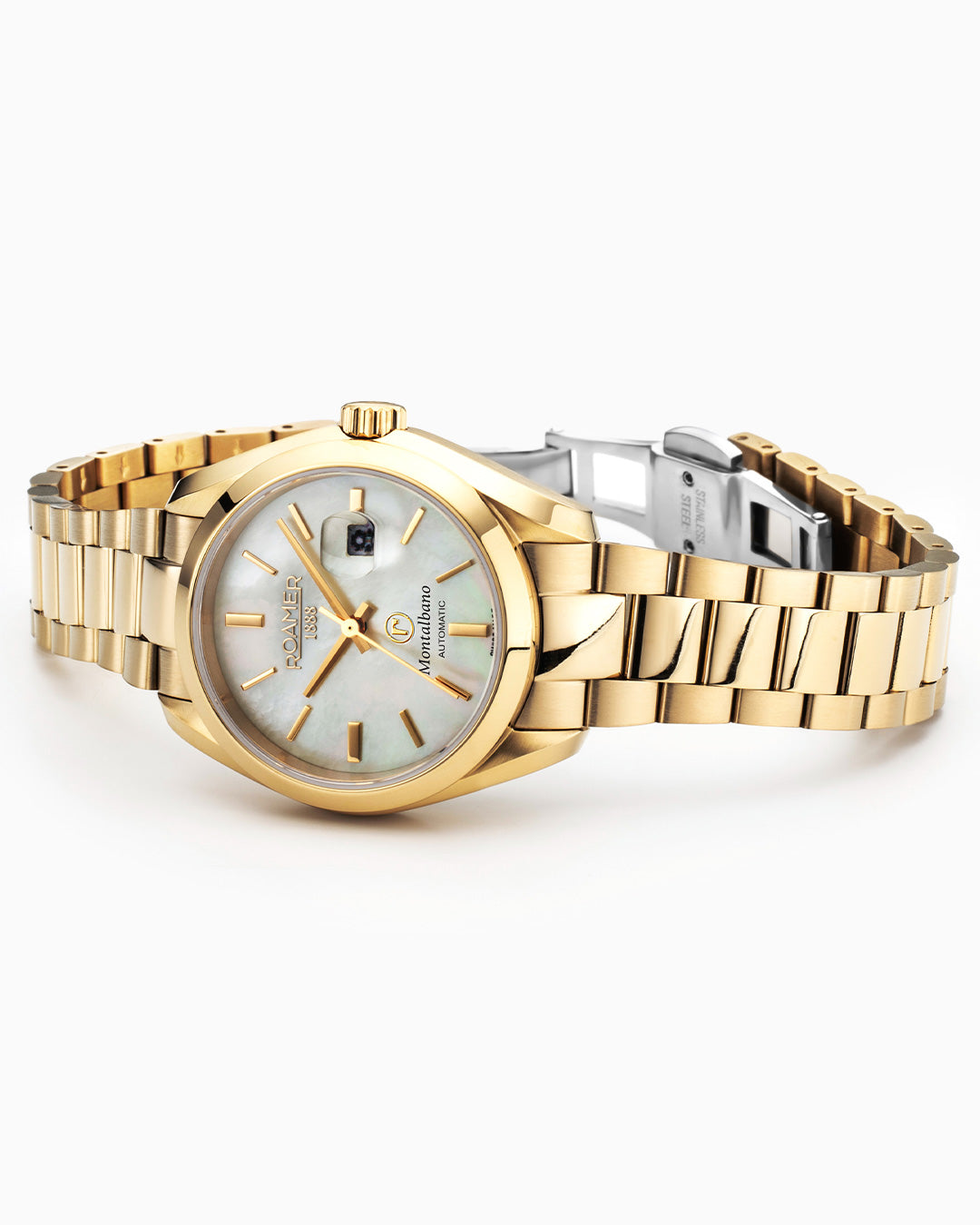 Montalbano Ladies 31mm Automatic Three-Hand Date Champagne Dial Gold Bracelet Sapphire glass Stainless Steel swiss watch