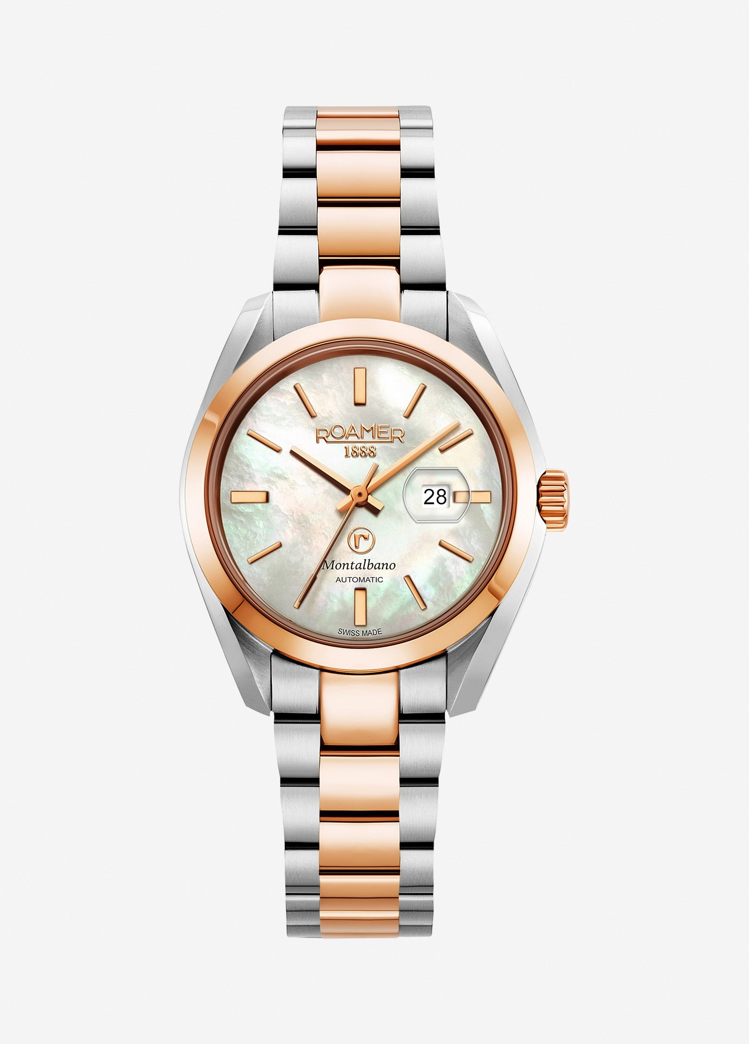 Montalbano Ladies 31mm Automatic Three-Hand Date White Mop Dial Two-Tone Bracelet Sapphire glass Stainless Steel swiss watch