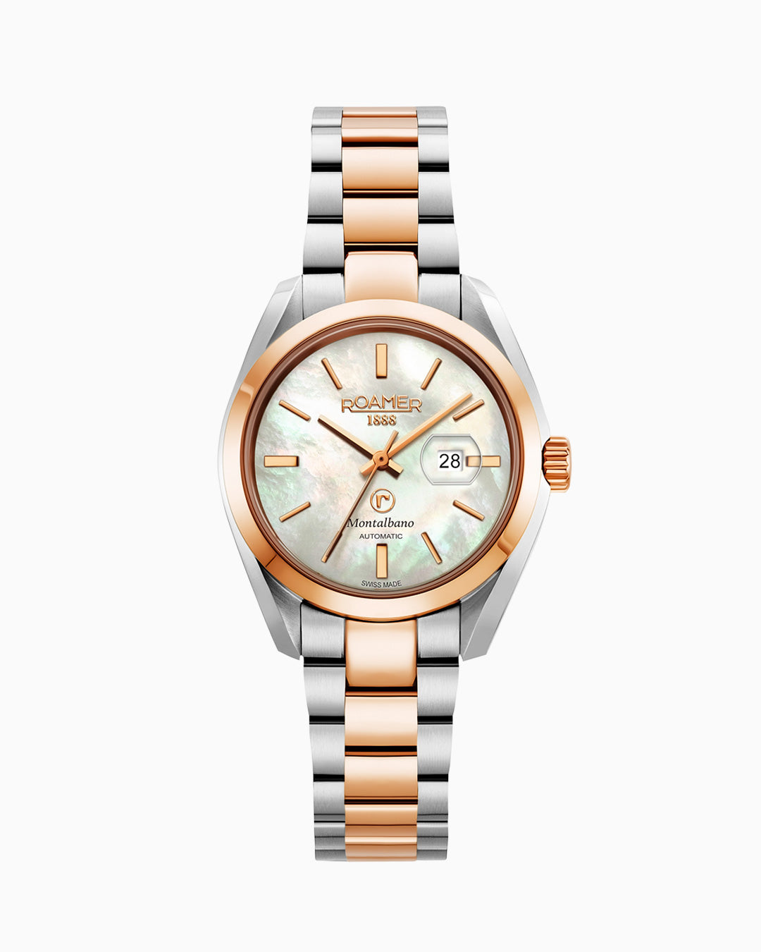 Montalbano Ladies 31mm Automatic Three-Hand Date White Mop Dial Two-Tone Bracelet Sapphire glass Stainless Steel swiss watch