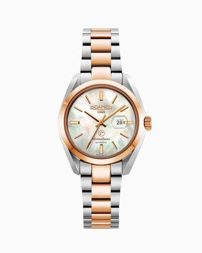 Montalbano Ladies 31mm Automatic Three-Hand Date White Mop Dial Two-Tone Bracelet Sapphire glass Stainless Steel swiss watch