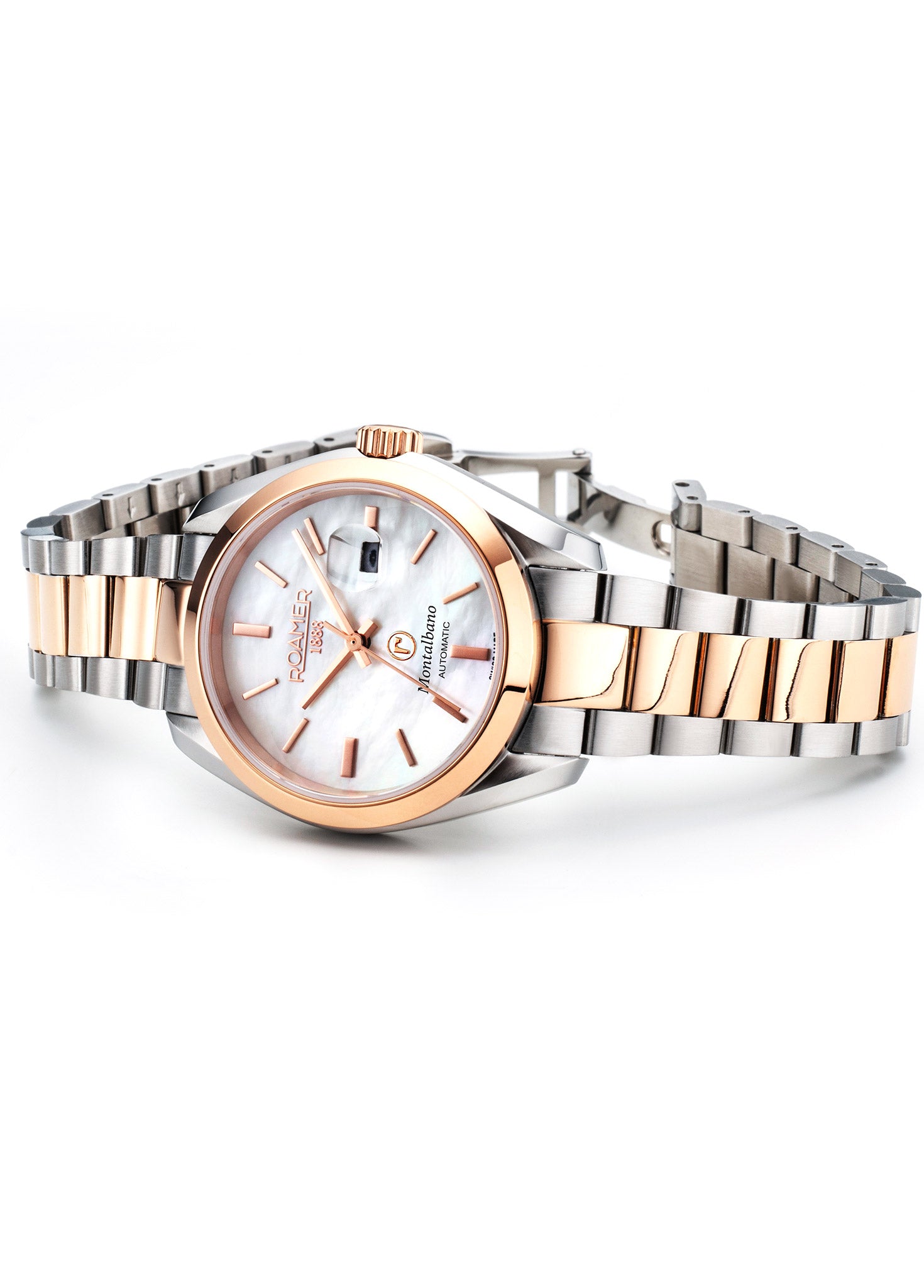 Montalbano Ladies 31mm Automatic Three-Hand Date White Mop Dial Two-Tone Bracelet Sapphire glass Stainless Steel swiss watch