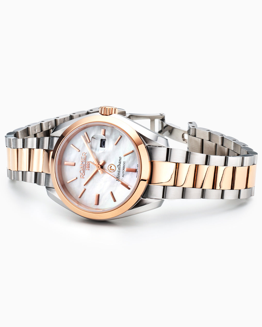 Montalbano Ladies 31mm Automatic Three-Hand Date White Mop Dial Two-Tone Bracelet Sapphire glass Stainless Steel swiss watch