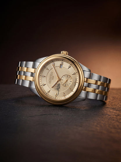 Vespera Diamond 41 mm Quartz Two-Hand Date Champagne Sunray Dial Two-Tone Bracelet Sapphire Glass Stainless Steel Swiss Watch