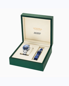 Gran Sportivo 41.5mm Quartz Chronograph Date Blue Sunray Dial Silver Bracelet Blue Leather Strap Set Sapphire antireflection glass  Stainless Steel swiss watch