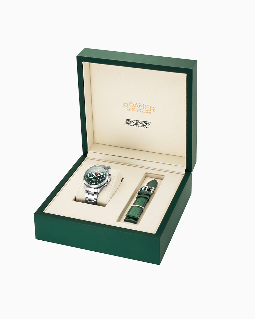 Gran Sportivo 41.5mm Quartz Chronograph Date Green Sunray Dial Silver Bracelet Green Leather Strap Set Sapphire antireflection glass  Stainless Steel swiss watch