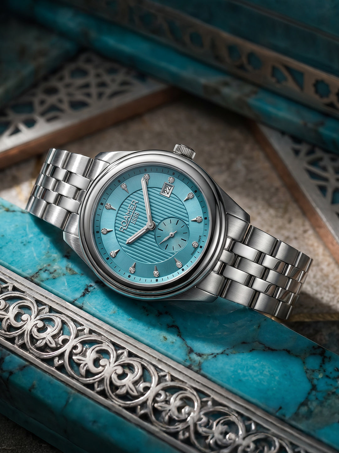 Vespera Diamond 41 mm Quartz Two-Hand Date Turquoise Sunray Dial Silver Tone Bracelet Sapphire Glass Stainless Steel Swiss Watch