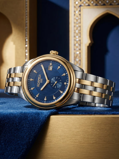 Vespera Diamond 41 mm Quartz Two-Hand Date Blue Sunray Dial Two-Tone Bracelet Sapphire Glass Stainless Steel Swiss Watch