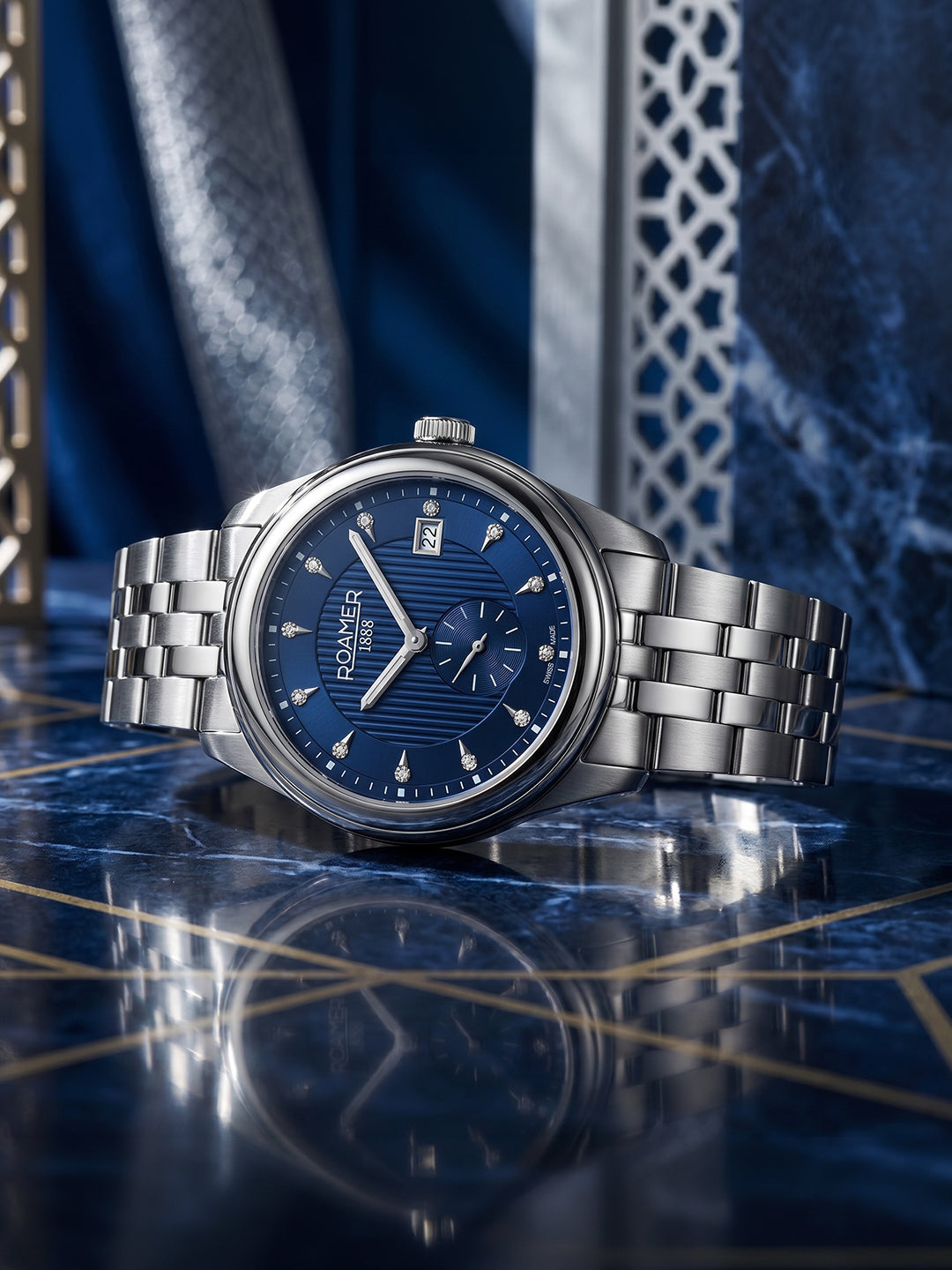 Vespera Diamond 41 mm Quartz Two-Hand Date Blue Sunray Dial Silver Tone Bracelet Sapphire Glass Stainless Steel Swiss Watch
