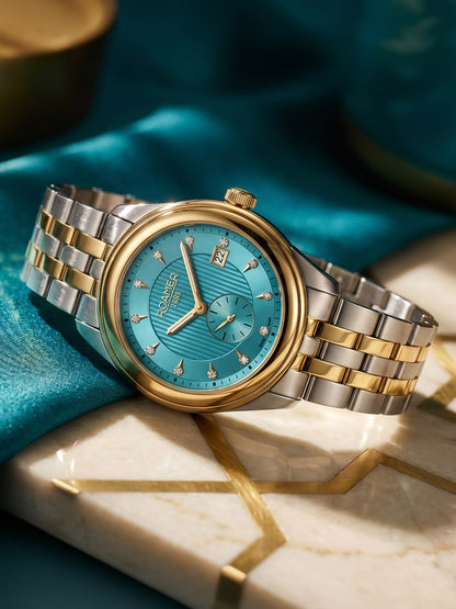 Vespera Diamond 41 mm Quartz Two-Hand Date Turquoise Sunray Dial Two-Tone Bracelet Sapphire Glass Stainless Steel Swiss Watch
