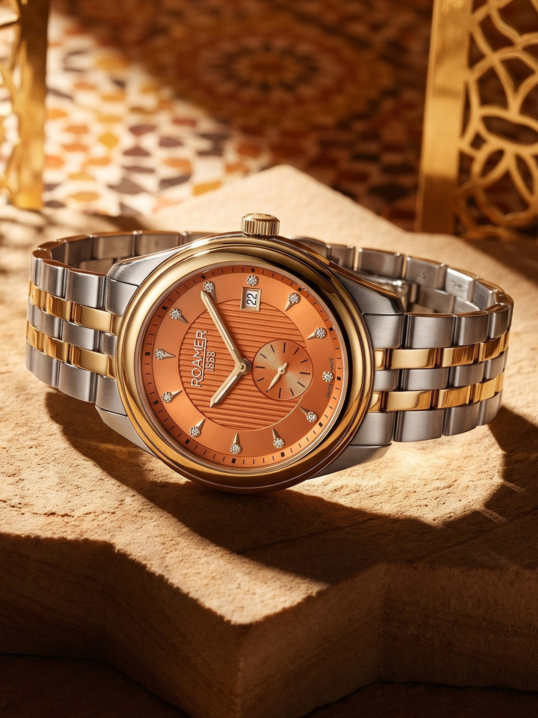Vespera Diamond 41 mm Quartz Two-Hand Date Orange Sunray Dial Two-Tone Bracelet Sapphire Glass Stainless Steel Swiss Watch