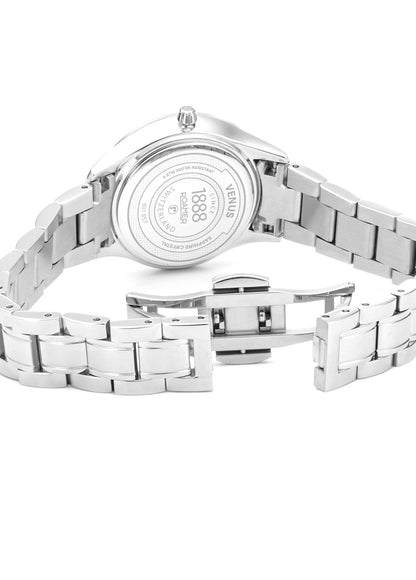 Venus Diamond 30mm Quartz Two-Hand White Mop W/Pnp Indexes, 1Pc 1.2Mm Dia Dial  Silver Bracelet Sapphire glass Stainless Steel swiss watch