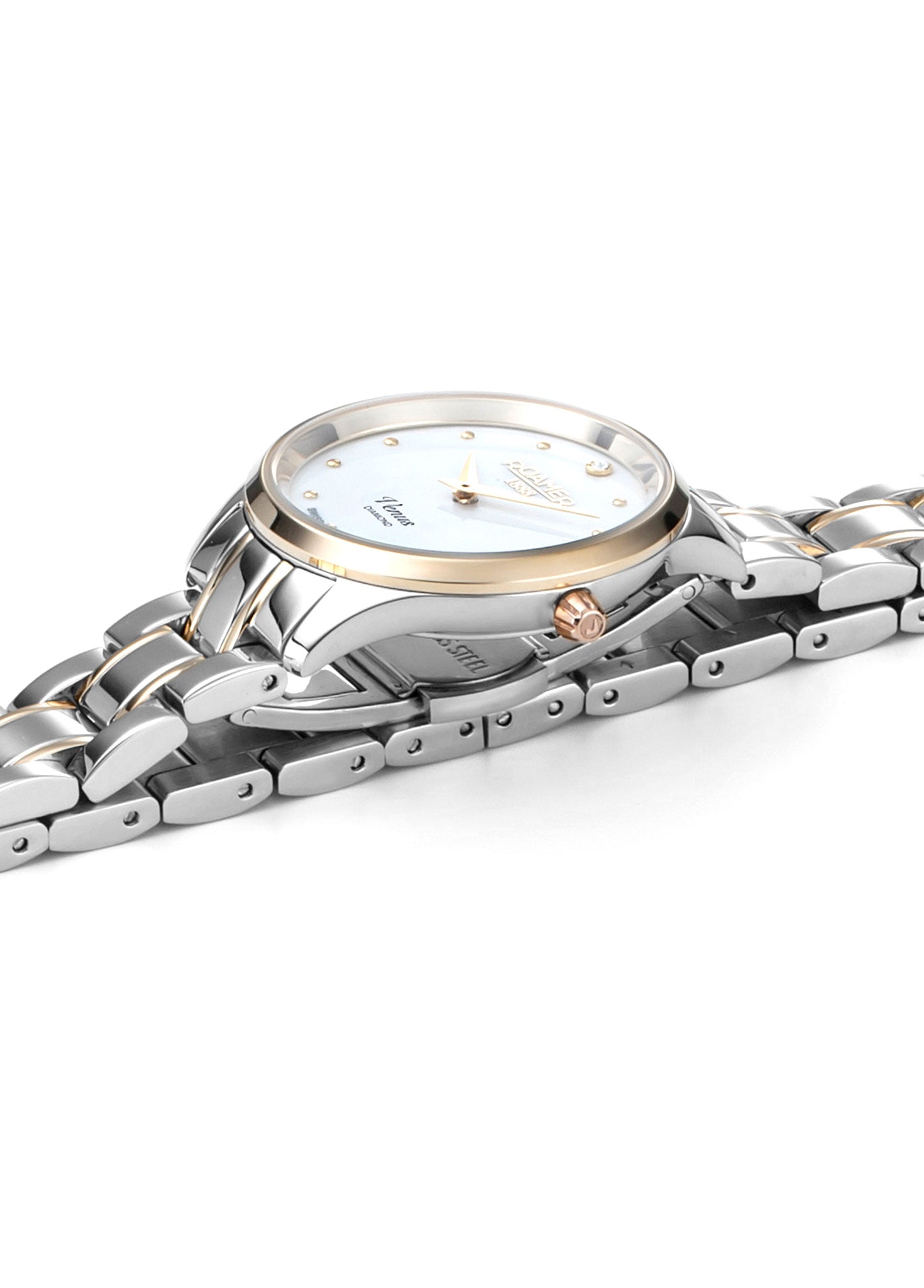Venus Diamond 30mm Quartz Two-Hand White Mop W/Gp Indexes, 1Pc 1.2Mm Dia Dial  Two-Tone Bracelet Sapphire glass Stainless Steel swiss watch