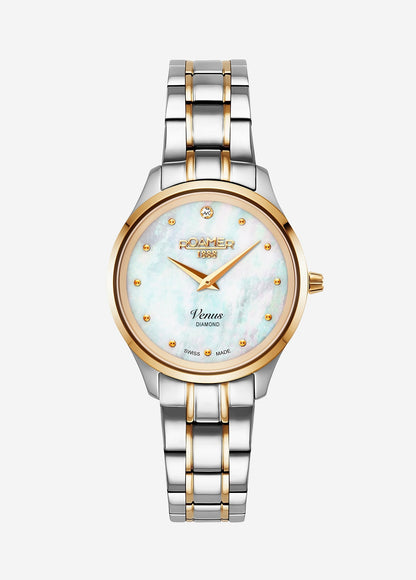 Venus Diamond 30mm Quartz Two-Hand White Mop W/Gp Indexes, 1Pc 1.2Mm Dia Dial  Two-Tone Bracelet Sapphire glass Stainless Steel swiss watch